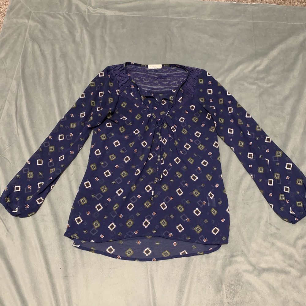 Socialite Navy Aztec Print Sheer Blouse EUC Size S